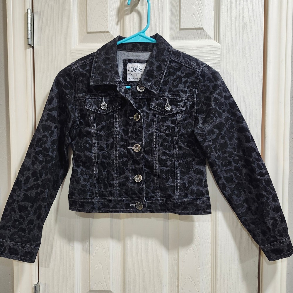 Justice Girls Size 10 Black Grey Leopard Animal Print Denim Trucker Jacket